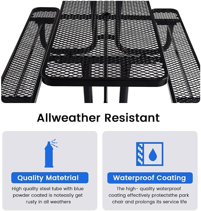 72" Rectangular Metal Picnic Table for 4-8 Person, Durable Heavy Duty Commercial Picnic Table up to 2800 lbs for Outdoor Coffee Shop, School, Hospital, Easy to Install, Black