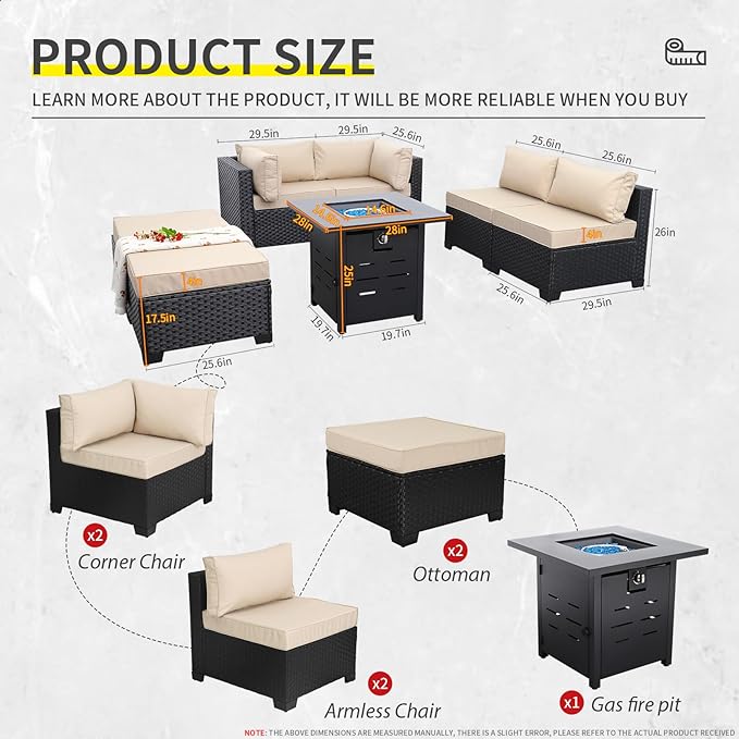 7 Pieces Outdoor PE Wicker Furniture Set Patio Rattan Sectional Conversation Sofa Set with Khaki Cushions and Fire Pit Table