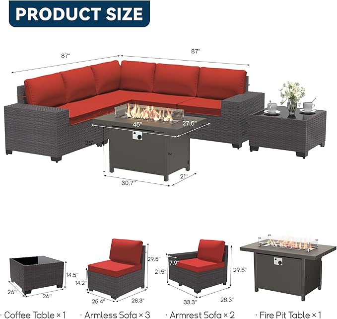 Patio Furniture Set 7 Pieces Outdoor Furniture Patio Conversation Set w/43in Aluminum Gas Fire Pit,PE Rattan Wicker 7 Pcs Outdoor Sofa Set w/55000 BTU Propane Fire Pit Table,Red