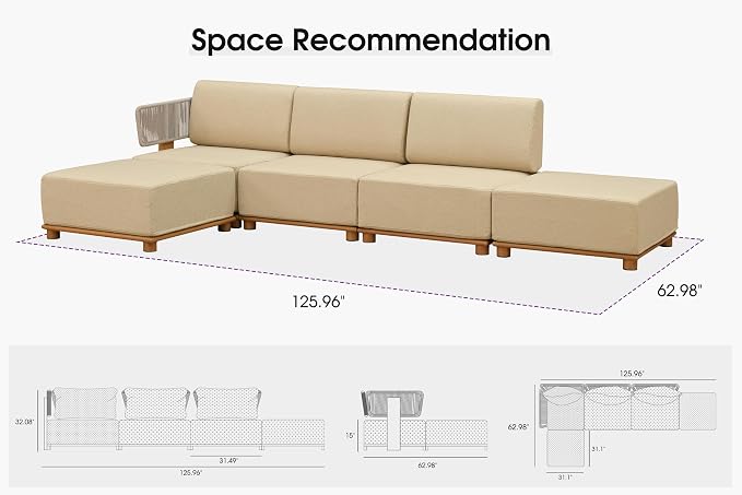 PURPLE LEAF Patio Furniture Set Modular L-Shaped Outdoor Sectional Sofa with 11" Thick Olefin Cushion 5-Piece Outdoor Conversation Set w/Coffee Lights for Backyard Poolside Ottomans Included, Beige
