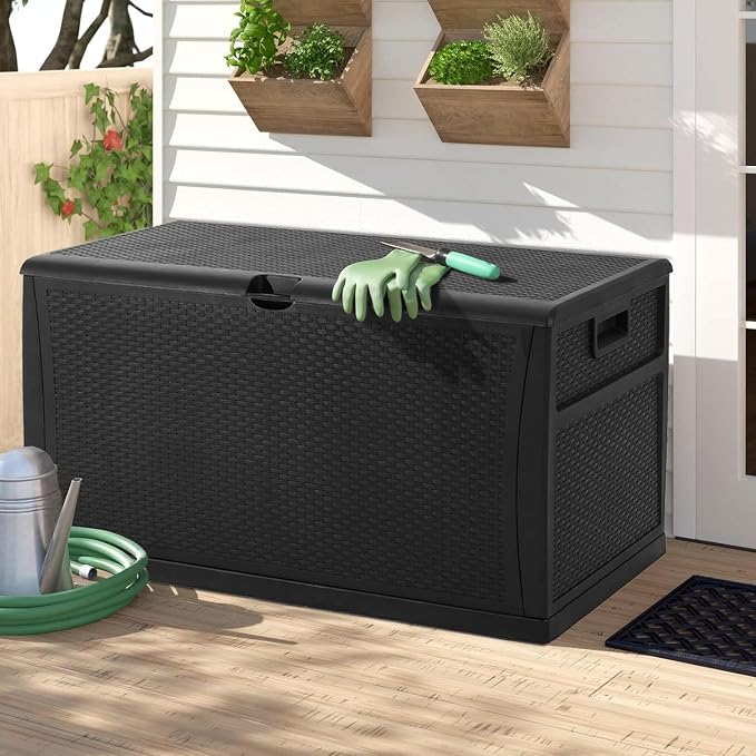 Crownland 120 Gallon Outdoor Patio Storage Deck Box Backyard Resin Container Weatherproof Box Patio Garden Furniture Storage Boxes All Weather Using,Black