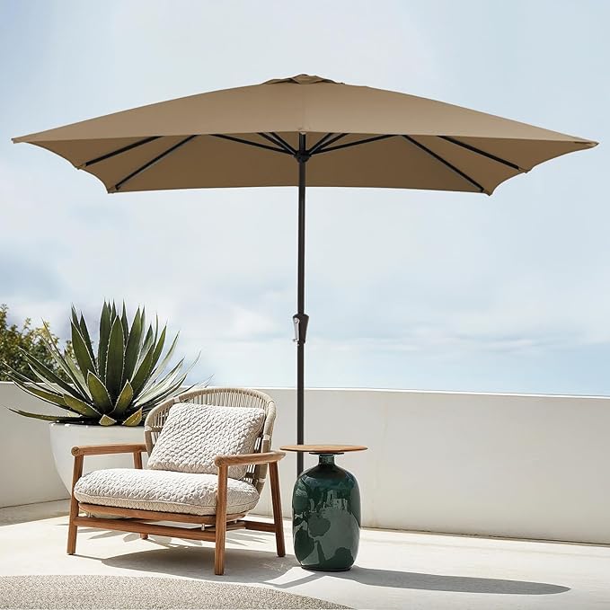 JEAREY 8x10 ft Rectangular Patio Umbrellas Outdoor Table Market Umbrella w/Crank, 8 Sturdy Ribs, UV Protection Windproof Sunproof for Garden, Deck, Backyard, Pool(Sand)