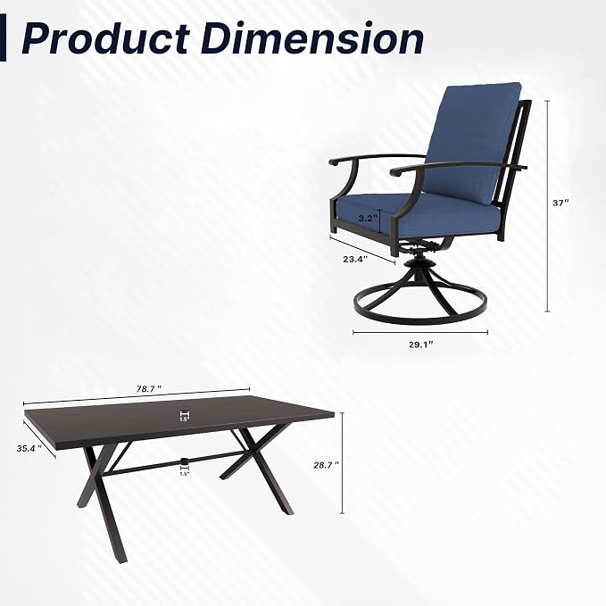 9 PCS Outdoor Patio Dining Set,Patio Table and Chairs Metal Outdoor Patio Furniture Set with Umbrella Hole,Dining Table Set with 8 Swivel Chairs for Deck,Backyard and Garden,Navy Blue