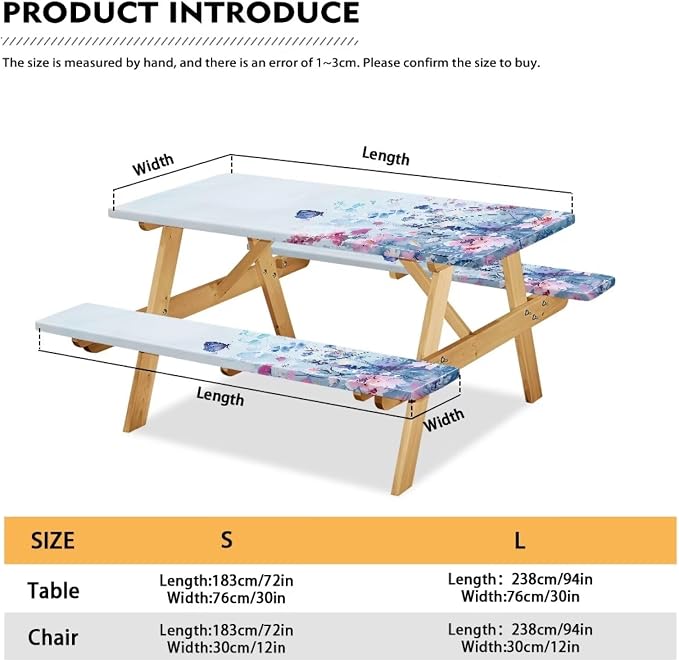 Blue Floral Picnic Table Cover with Bench Covers 3 Piece Fitted Picnic Table Cover with Bench Covers Picnic Table Covers with Elastic Band Picnic Table Cover for Outdoor, BBQ, Camping