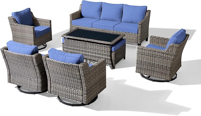 Luxury Patio Furniture sofa Set - 8 Pieces All Weather Wicker Outdoor Couch and High Back Swivel Rocker Patio Chairs with Glass coffee table for Deck Yard and Poolside Gray Wicker | Blue Cushions