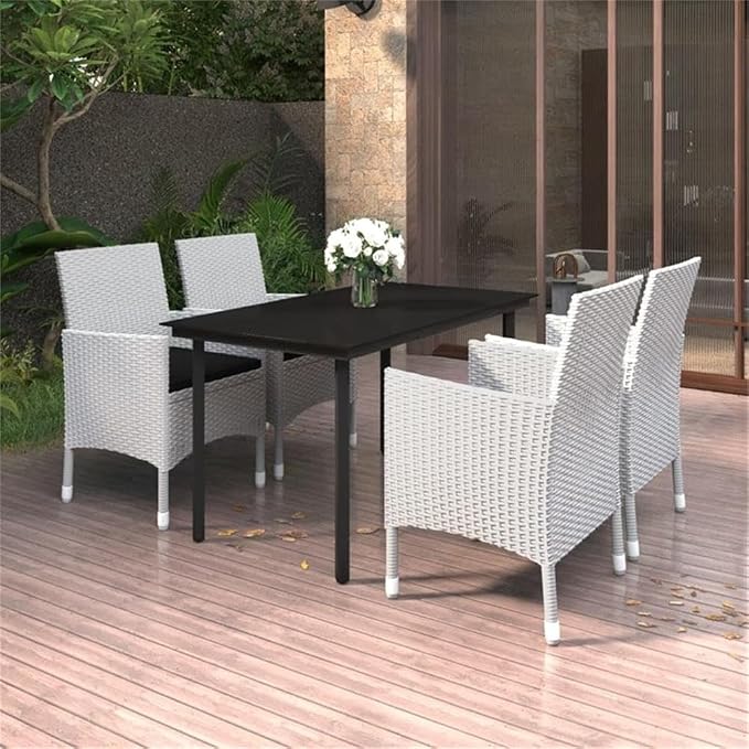 BOWERY HILL 5-Piece Patio Dining Set, PE Rattan Construction, Powder-Coated Steel Frame, White Finish, Rectangular Table and Cushioned Chairs, Durable Outdoor Furniture for Garden, Terrace, or