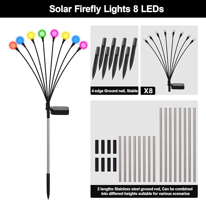 Swaying Solar Lights for Outside, 8 Mode RGB Color Changing Firefly Outdoor Waterproof, Swaying Solar Garden Lights Stakes for Christmas Holiday Yard Patio Garden Decor 8 Pack(Multicolor)