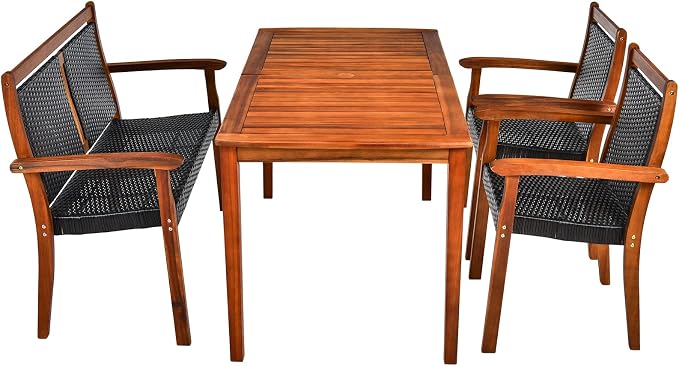 Tangkula 4 Pieces Patio Dining Set, Patiojoy Outdoor PE Rattan & Acacia Wood Dining Table Set with Umbrella Hole, Patio Armchairs and Rectangle Table Set for Garden, Backyard and Poolside