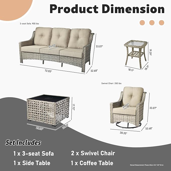 ovios 5 Piece Outdoor Patio Furniture with 3 Seat Sofa,Rattan Wicker Coversation Set with Swivel Rocking Chair,Balcony Sofa Set with Shiny Table for Outside Porch Backyard Pool, Beige