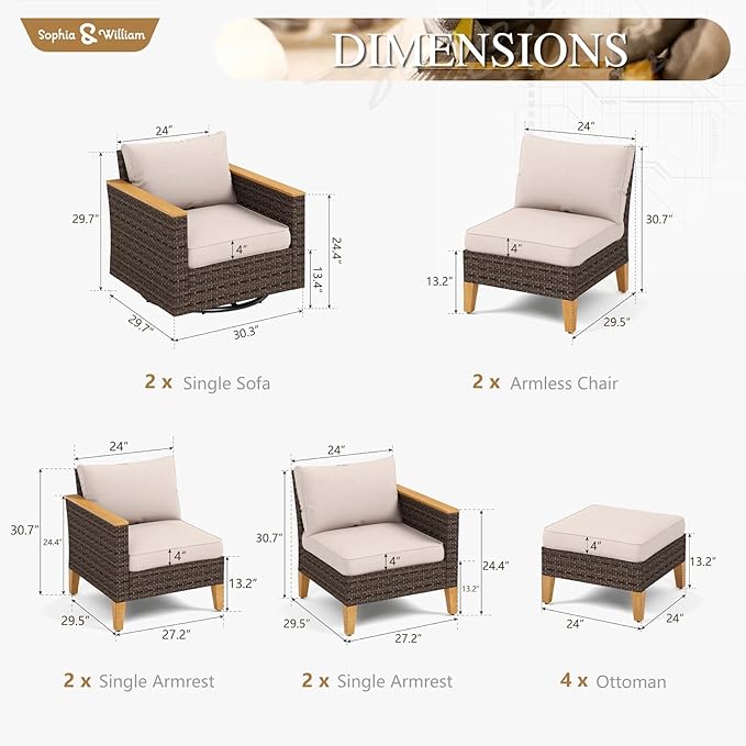Sophia & William Patio Furniture Set with Swivel Chairs, 12 Piece Outdoor Sectional Furniture Wicker Modular Sofa Couch, Conversation Set for Deck Backyard Lawn, Beige