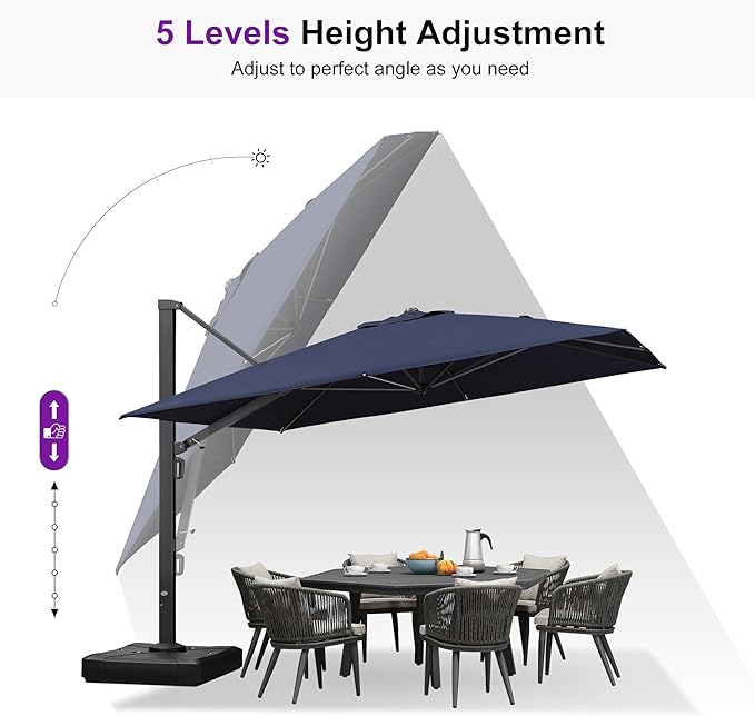 PURPLE LEAF 11 FT Cantilever Umbrella with Base Large Aluminum Outdoor Square Offset Patio Umbrella with 360° Rotation for Garden Pool Deck Backyard Navy Blue