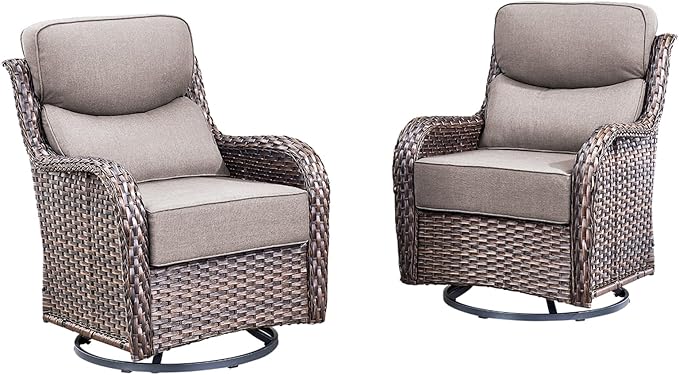 Luxury Outdoor Swivel Rocker Patio Chairs Set of 2 with 6-Inch Thick Cushions, High Back Swivel Patio Chairs Wicker Outdoor Gliders for Porch, Yard, Deck, Poolside, Brown/Grey