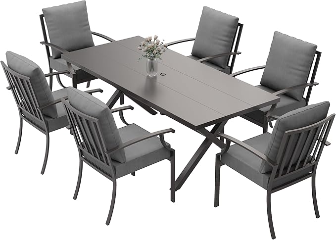 ALAULM 7-Piece Patio Dining Table and Chairs Outdoor Dining Set for 6 Patio Dining Sets with Rectangular Metal Table with Umbrella Hole for Patio, Backyard, Garden-Grey
