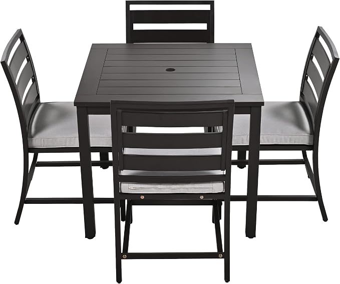 5-Piece Patio Dining Table Set, Steel and Acacia Wood Four-Person Dining Table and Chairs, Modern Conversation Furniture for Courtyards, Balconies, Lawns (Dark Brown/Outdoor, 5 Piece)