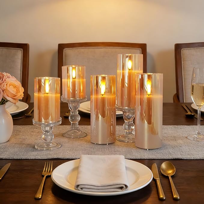 Rechargeable Flameless Candles, Realistic Flickering LED Flameless Candles Real Wax Candle with Remote Control and Timer, Gold Glass Electronic Candle, 1 Set of 5(Gold)