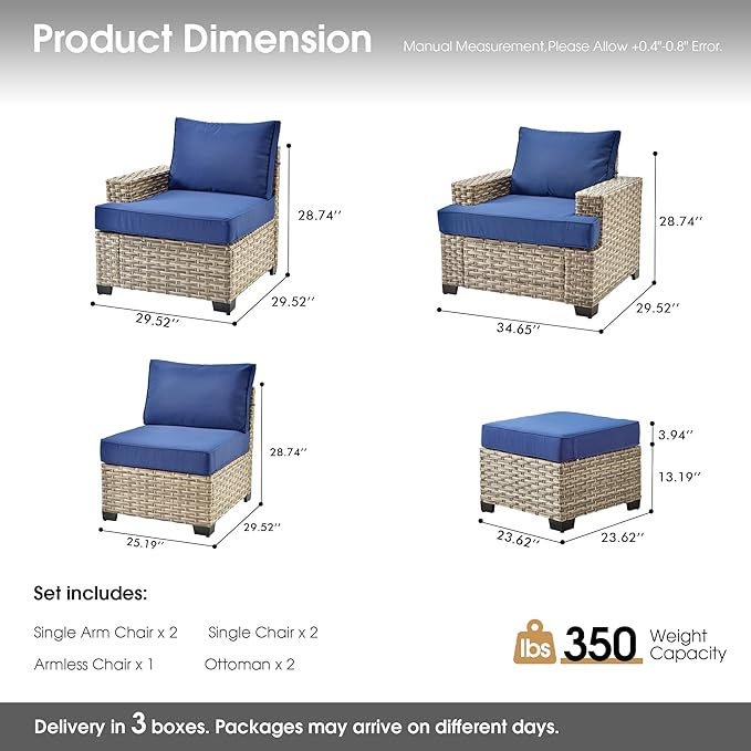 Outdoor Sectional Patio Furniture Set,7 Pieces All Weather Rattan Wicker Conversation Sets,Out Door Furniture with Ottoman Single Chair,Navy Blue