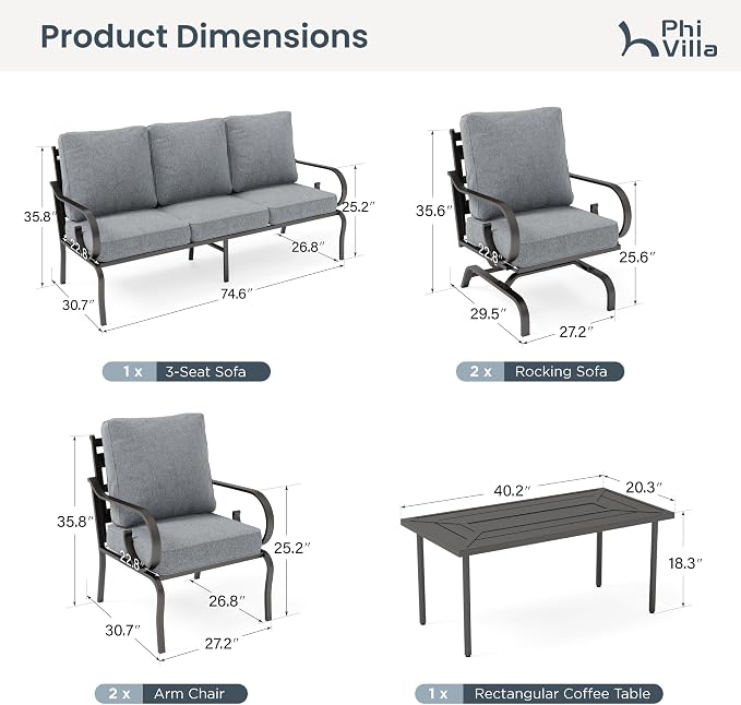 PHI VILLA Patio Furniture Set, 3-Seater Sofa, 2 Fixed Chairs, 2 Rocking Chairs and a Coffee Table, Outdoor Metal Conversation Set with 5.75" Extra Thick Cushion for Garden Backyard Deck, Grey