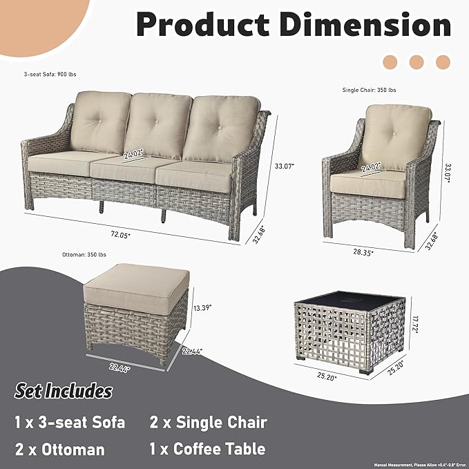 ovios 6 Piece Outdoor Patio Furniture with 3 Seat Sofa,Rattan Wicker Coversation Set with High Back,Sectional Single Sofa with Ottoman for Outside Porch Balcony Backyard Pool, Beige
