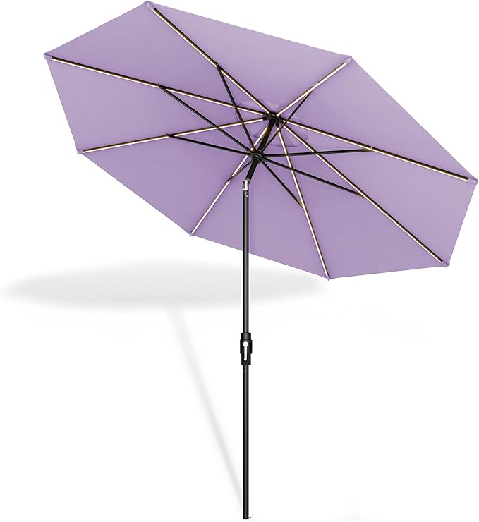 Midtown Umbrellas The LED Swilt 10 Feet Patio Umbrella With Terylast Midtown Purple Polyester Fabric - Auto-Tilt Aluminum Frame With LED Lights For Backyard, Deck, Garden, Pool - Black Pole