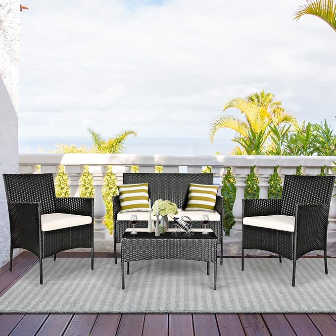 DORTALA 8 Pieces Patio Furniture Set, Rattan Conversation Set with Coffee Table & Cushions, Outdoor Wicker Sofa Set for Poolside, Backyard, Beige