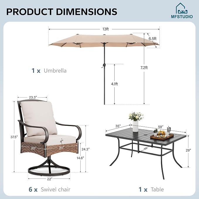MFSTUDIO Outdoor Patio Dining Set for 6, Patio Dining Set with Umbrella, Outdoor Table and Chairs for 6, Patio Rectangular Metal Dining Table with Swivel Chairs, 8 Pieces Outdoor Furniture Set