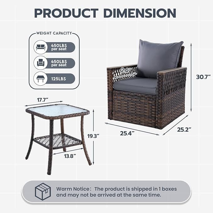 MELLCOM 3 Pieces Patio Bistro Set, Outdoor Wicker Chairs with Side Table, All-Weather Patio Furniture Set with Water-Resistant Cushions and High Back for Garden, Backyard