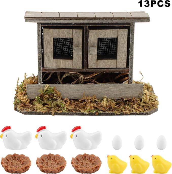 Fairy Garden Mini Chicken Coop Decor, 13-Piece Farm Scene Set | Includes 1 wood coop 3 hens 3 chicks 3 eggs 3 nests, doors open and close, store pieces together to avoid loss