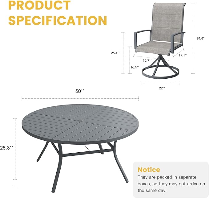 VICLLAX Patio Dining Set for 6, 6 Seats Outdoor Furniture Includes 50.1" Round Patio Table and Swivel Padded Chairs, Grey Tabletop and Grey Fabric