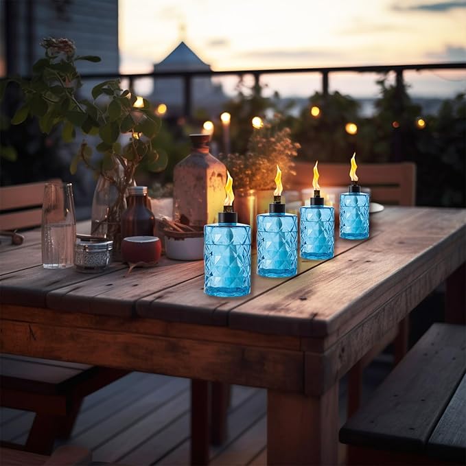 4 Pack Blue Glass Table Top Torches with Wick and Cap,Citronella Torches Outdoor,Refillable Flame Light Torch,Decorative Tabletop Lantern for Yard,Patio,Deck,Garden,Outdoor Party,Landscape
