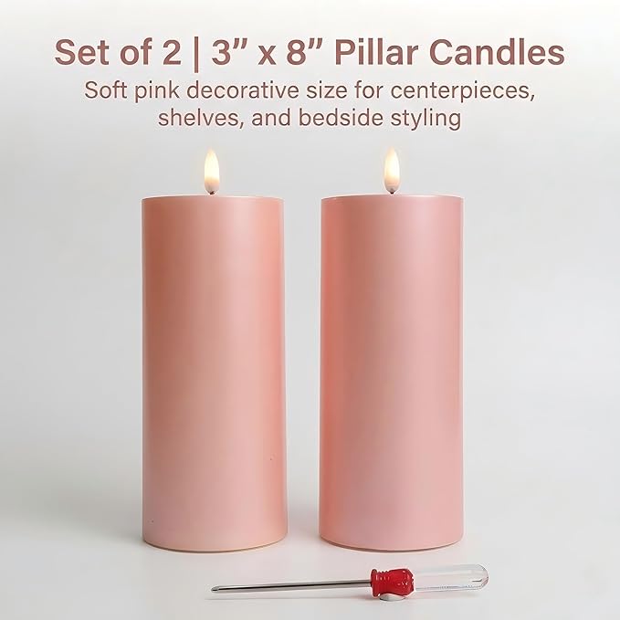 Pink Flameless Pillar Candles 3x8 Set of 2, Outdoor Battery Candles for Room Decor, Weather-Resistant Decorative Candles for Table Centerpiece