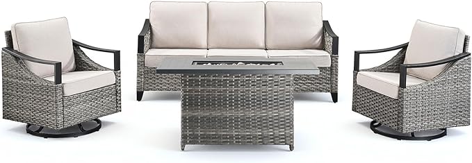 Wicker Patio Furniture Set with 42.5" Fire Pit Table-4 Pieces All Weather Wicker Outdoor Furniture with High Back Swivel Patio Chairs Set of 2 Outdoor Couch for Deck Balcony Backyard Beige/Gray