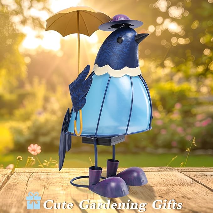 MUMTOP Solar Outdoor Lights Garden Decor, Cute Bluebirds Waterproof Solar Powered LED Light Metal Bird Holding Yellow Umbrella Yard Art Ornament for Patio Outside Lawn Backyard Balcony Decorations