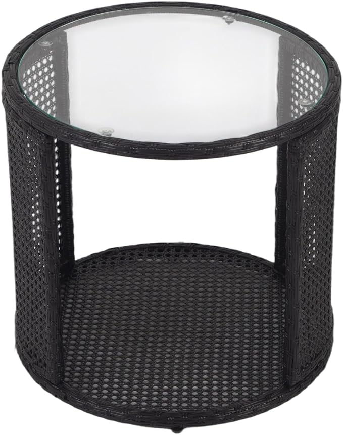 Kinfant Round Outdoor Wicker Coffee Table – Patio Side Table with Tempered Glass Top, Ottoman Style End Table for Balcony, Porch, Deck, Garden, Weather-Resistant Rattan, Easy Assembly, Black