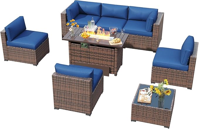 LazySunsets 8 Piece Outdoor Patio Furniture Set with 44'' Fire Pit Table, Outdoor Patio Furniture Set with Waterproof Cover, Wicker Rattan Outdoor Conversation Set for Backyard & Garden, Blue