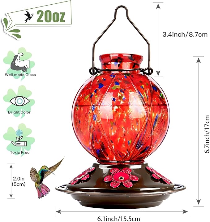 Hummingbird Feeder, BOLITE Glass Hummingbird Feeders for Outdoors Hanging, Meshy Texture Ball Shape with Ant Moat, 5 Bee-Proof Ports, 360° Perch, Leak-Proof, 20oz, Red, Gifts for Mom Dad Women Men