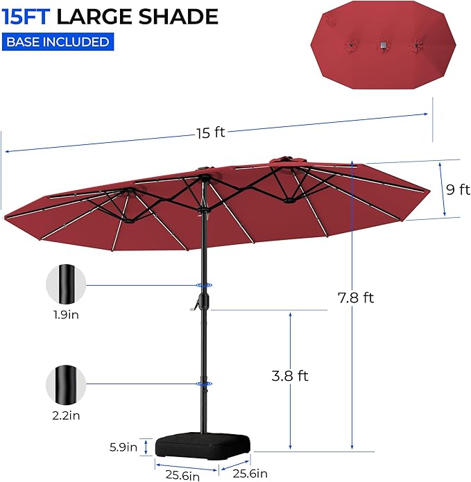 HOMSHADE Double Sided Patio Umbrellas with Base - 15ft RGB Multi-Color Flowing LED Lights Outdoor Extra Large Market Table Umbrella w/Stand, Oversized Umbrella for Deck, Pool, Backyard,Red