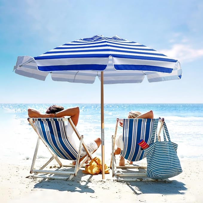 AMMSUN 7.5ft Heavy Duty HIGH Wind Beach Umbrella Commercial Grade Patio Beach Umbrella with Air Vent Ash Wood Pole & Carry Bag UPF 50+ Protection Stripe Blue white