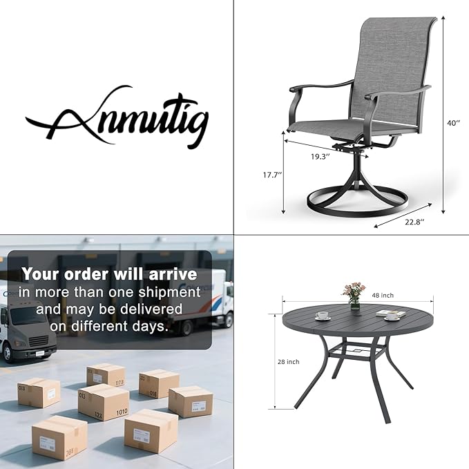 Anmutig 5 PCS Patio Dining Set for 4 Person, High Back Outdoor Swivel Chairs and 48 inch Round Metal Table, Patio Table and Chairs Set for Outdoor - Grey Style1