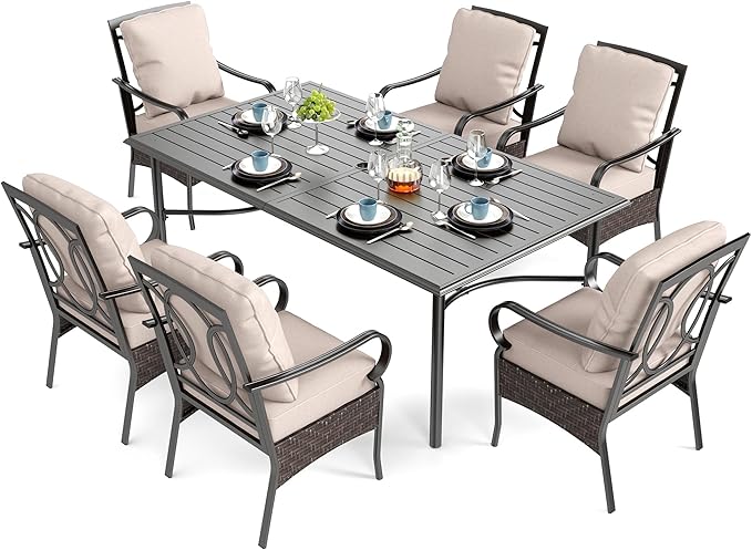 SUNSHINE VALLEY 7 Piece Patio Dining Sets for 6, Outdoor Table and Chairs with Cushioned Wicker Patio Dining Chairs & Black Dining Table (1.57-1.9”Umbrella Hole), Outdoor Dining Sets for Lawn Backyard