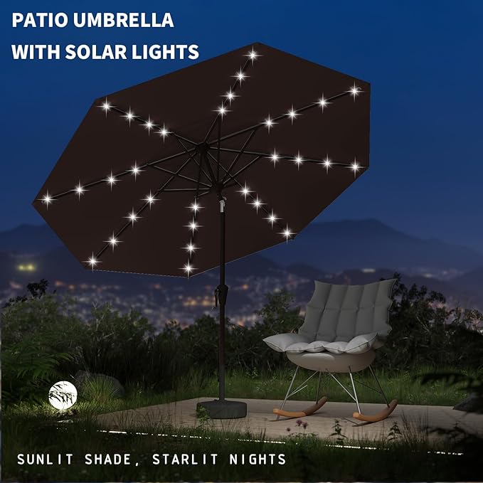 9FT Patio Umbrella with Solar Lights,Outdoor Market Umbrella with Tilt and Crank, LED Lighted Table Umbrella for Garden,Deck,Backyard,Pool,Beach (Brown)