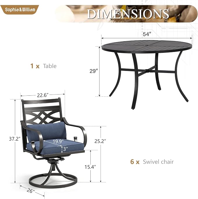 Sophia & William Patio Dining Set, Steel, Black | Umbrella Hole, Swivel Chairs, E-Coated, Cushions Included, For Patio, Garden and Yard