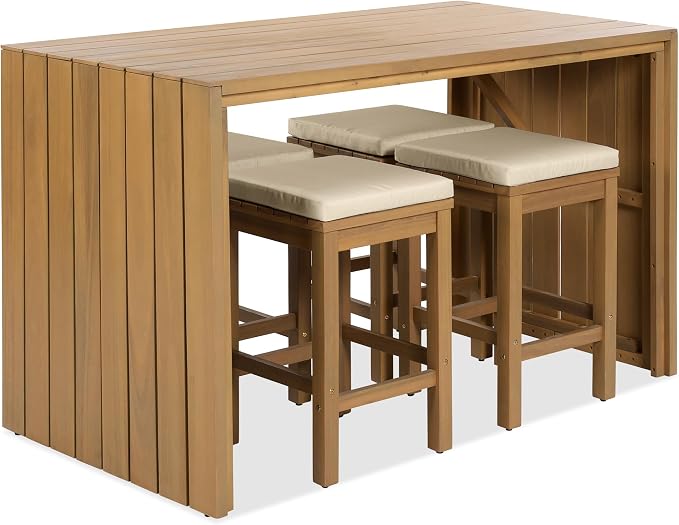 5 Piece Outdoor Bar Set, Patio Acacia Wood Bar Height Table & Four Stools with Cushions, Wood Dining Bar Set for Backyard, Poolside, Balcony