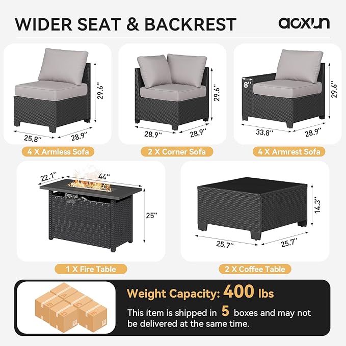 Aoxun Patio Furniture Sets with 44'' Fire Pit, 13 Pcs Outdoor Patio Coversation Set with 4in Thicken Cushion, Widen Armrests Wicker Outdoor Sectional for Backyard (Waterproof Cover Include)