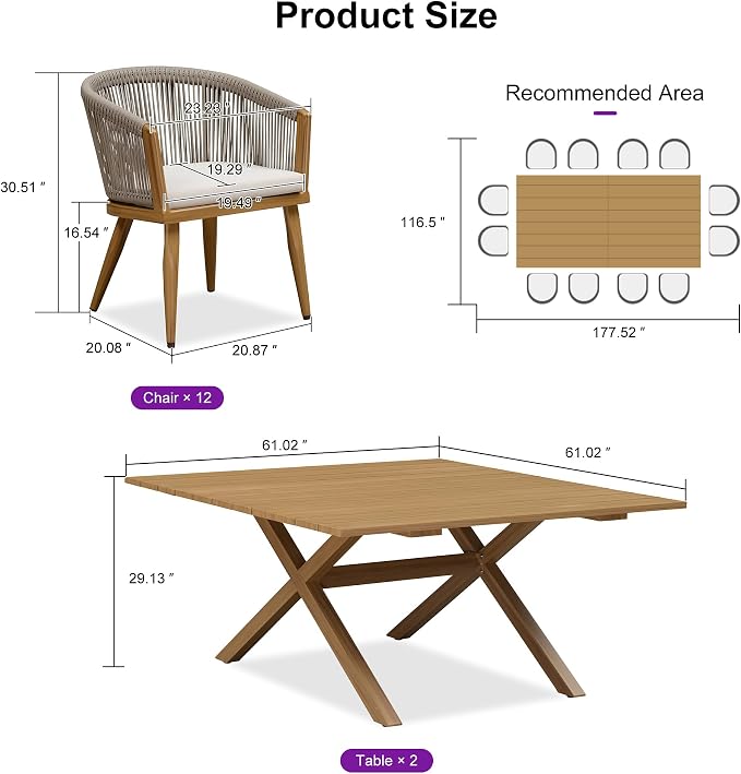 PURPLE LEAF Patio Dining Set for 12 All-Weather Wicker Woodgrain Aluminum 14 Piece Outdoor Large Table and Chairs Set Included Cushions for Backyard Kitchen Modern Outdoor Furniture Set Teak Color