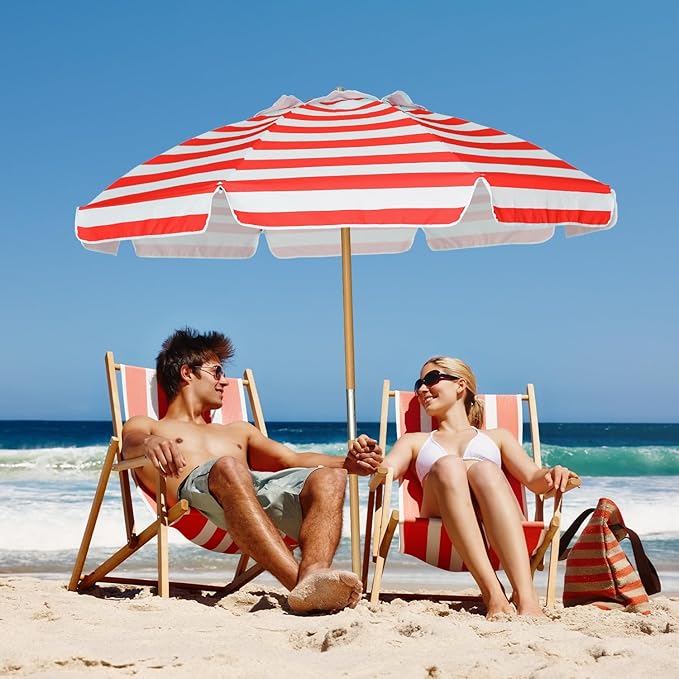 AMMSUN 7.5ft Heavy Duty HIGH Wind Beach Umbrella Commercial Grade Patio Beach Umbrella with Air Vent Ash Wood Pole & Carry Bag UPF50+ Protection Red White