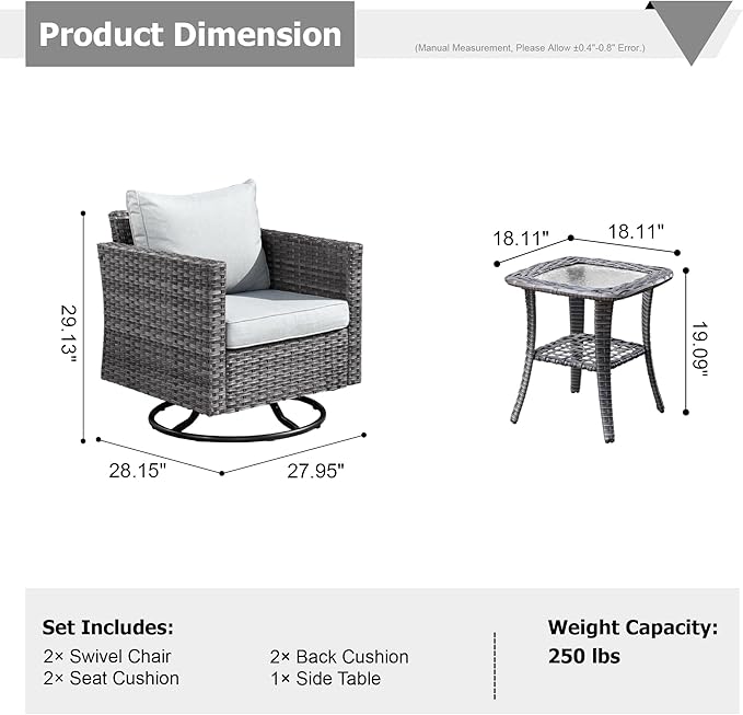 HOOOWOOO Wicker Outdoor Swivel Bistro Set for 2,3 Piece Patio Rocking Chairs and Table,All Weather Resistant Outside Out Door Rattan Rockers Furniture Set,Light Gray