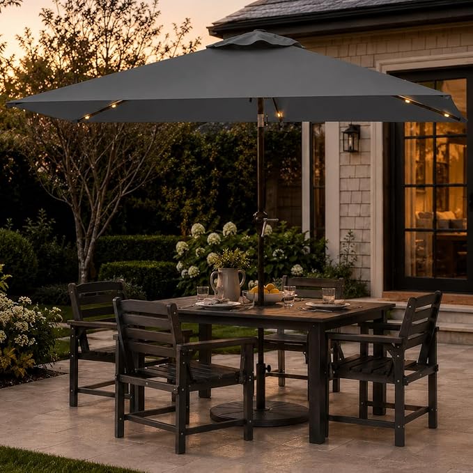 6.5 x 10ft Rectangular Patio Umbrella with Solar Lights, 16 LED Lighted Market Umbrella with Push-Button Tilt and Crank, 6 Sturdy Iron Ribs for Garden, Deck, Pool, Gray