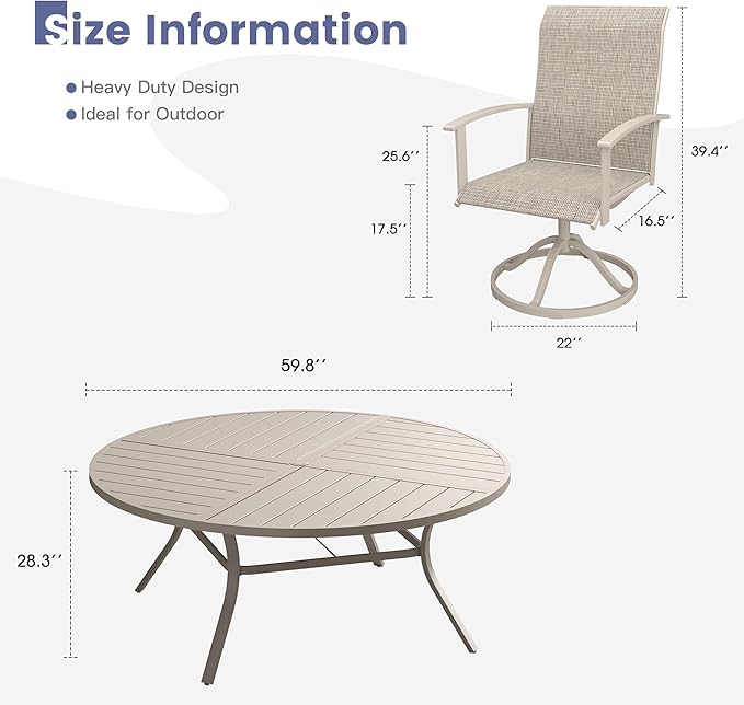 VICLLAX Outdoor Table and Chairs Set for 8, Patio Dining Set of 60 Metal Round Patio Table with Umbrella Hole & 9 Swivel Outdoor Dining Chairs for Backyard Lawn, Sandshell