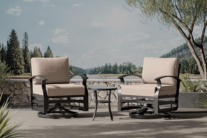 Outdoor Patio Furniture Set, 3 Piece Aluminum Metal Chairs Swivel Rocker, Overstuffed Washable Cushions Bistro Set for Porch, Balcony, Deck, Garden
