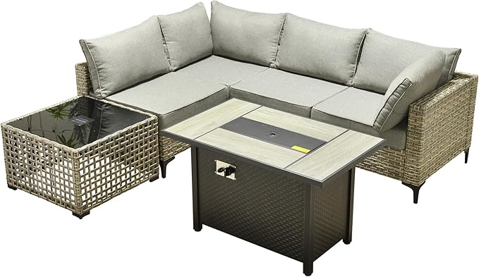 Outdoor Patio Furniture Sets,6 PCS Patio Conversation Set Outside Rattan Sectional Sofa with 42 in Fire Pit Table&Coffee Table Fit Backyard Porch Garden Poolside Balcony